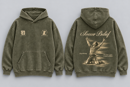 Keep Believing — Washed Oversized Hoodie in Army Green, front and back views