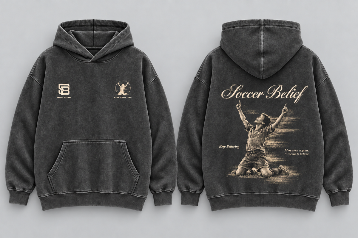 Keep Believing — Washed Oversized Hoodie in Black, front and back views