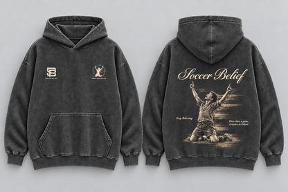 Keep Believing — Washed Oversized Hoodie in Black, front and back views