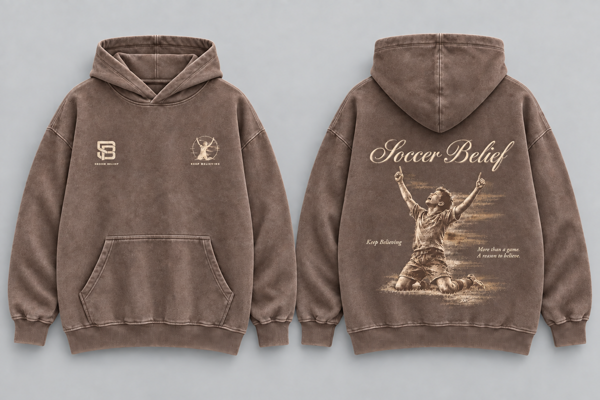 Keep Believing — Washed Oversized Hoodie in Coffee, front and back views