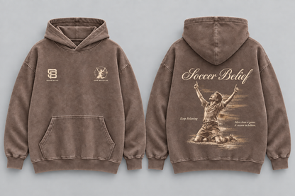 Keep Believing — Washed Oversized Hoodie in Coffee, front and back views