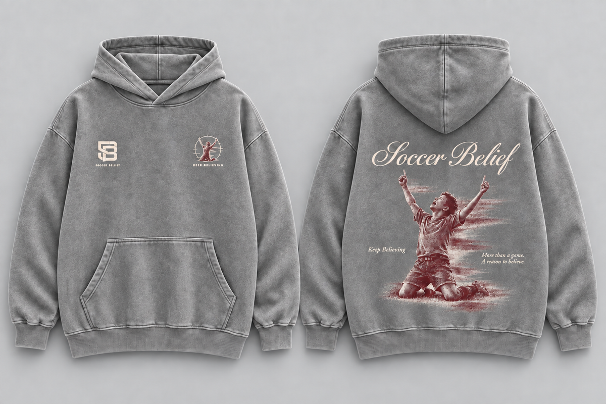 Keep Believing — Washed Oversized Hoodie in Grey, front and back views